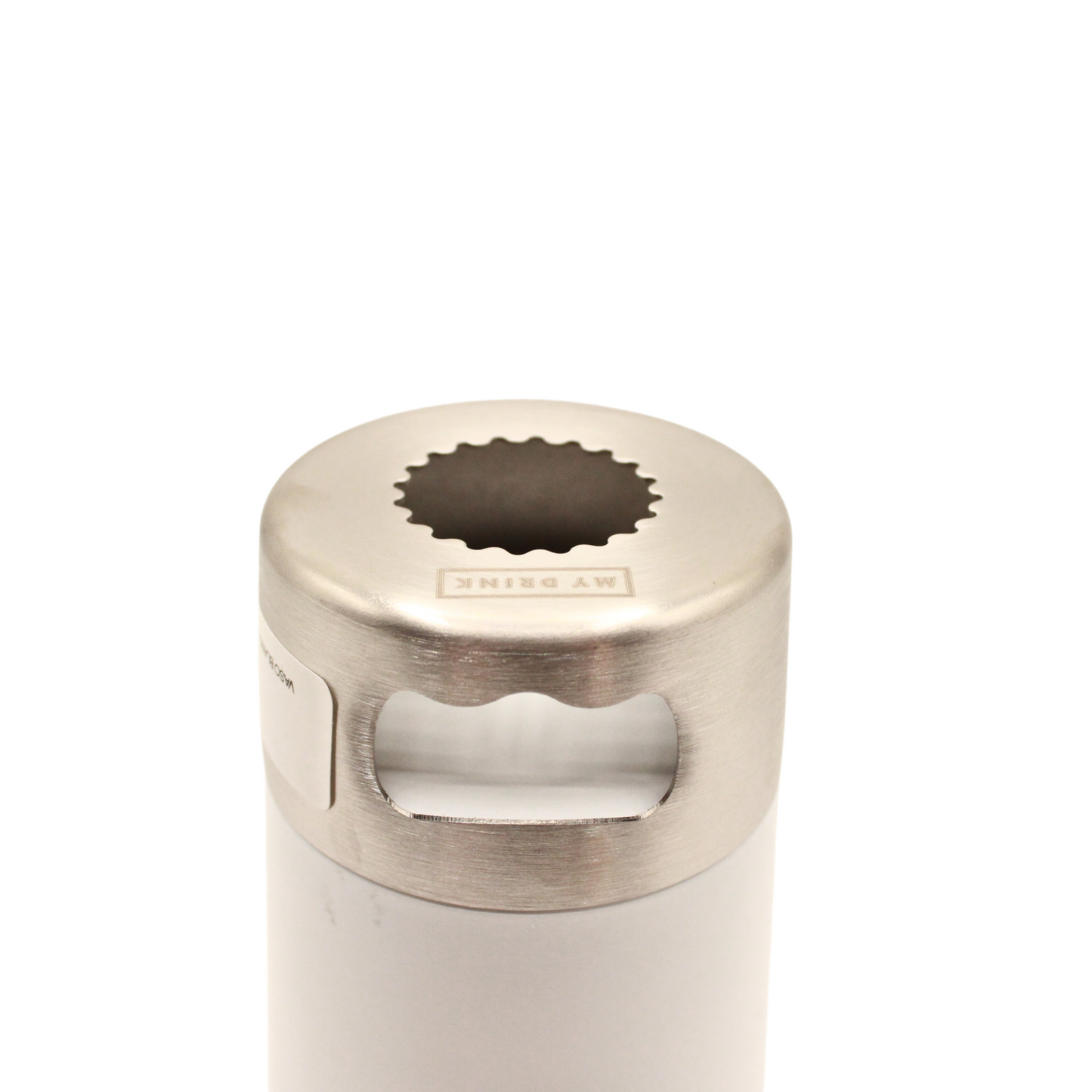 WHITE CUP WITH OPENER AND MONOCHROME CREST